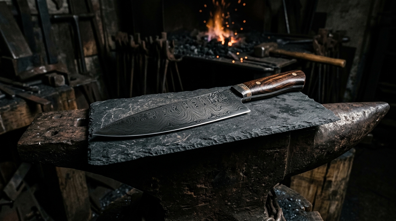 Exquisite Damascus Steel Knife on Anvil